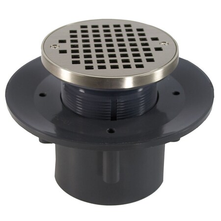 Jones Stephens 3inX4in Heavy Duty PVC Slab Drain Base, 3-1/2in Plastic Spud, 5in Nickel Bronze Strainer, Ring D49431